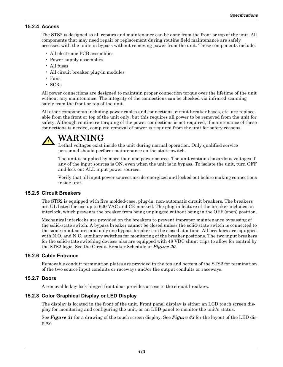 4 access, 5 circuit breakers, 6 cable entrance | 7 doors, 8 color graphical display or led display, 5 - circuit breakers fo, Warning | Liebert POWER PROTECTION STATIC TRANSFER SWITCH User Manual | Page 121 / 152