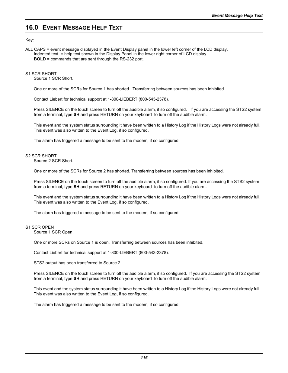 0 event message help text, Vent, Essage | 0 - event message help text | Liebert POWER PROTECTION STATIC TRANSFER SWITCH User Manual | Page 124 / 152