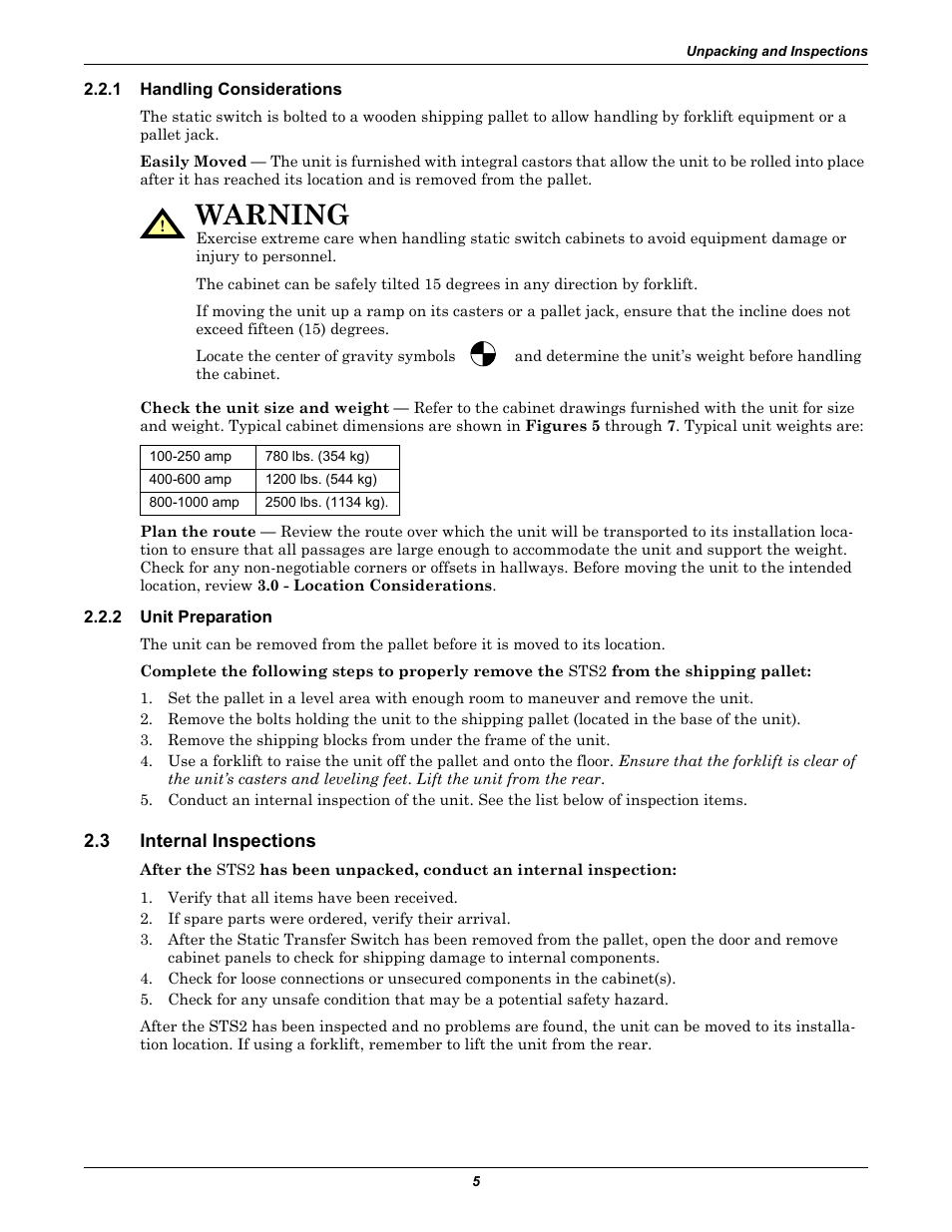 1 handling considerations, 2 unit preparation, 3 internal inspections | Handling considerations, Unit preparation, Internal inspections, Warning | Liebert POWER PROTECTION STATIC TRANSFER SWITCH User Manual | Page 13 / 152