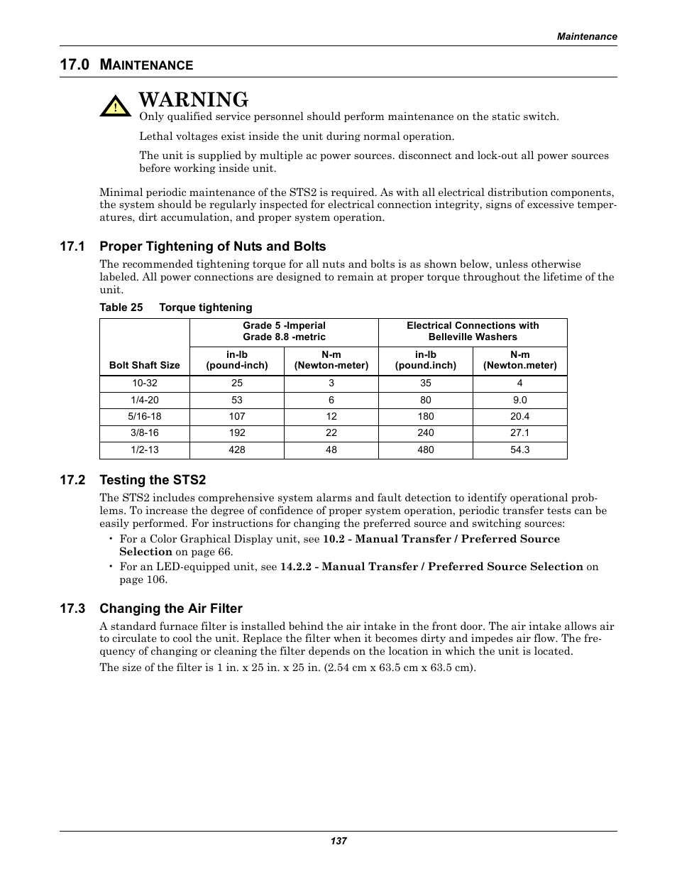 0 maintenance, 1 proper tightening of nuts and bolts, Table 25 torque tightening | 2 testing the sts2, 3 changing the air filter, Aintenance, Proper tightening of nuts and bolts, Testing the sts2, Changing the air filter, Table 25 | Liebert POWER PROTECTION STATIC TRANSFER SWITCH User Manual | Page 145 / 152