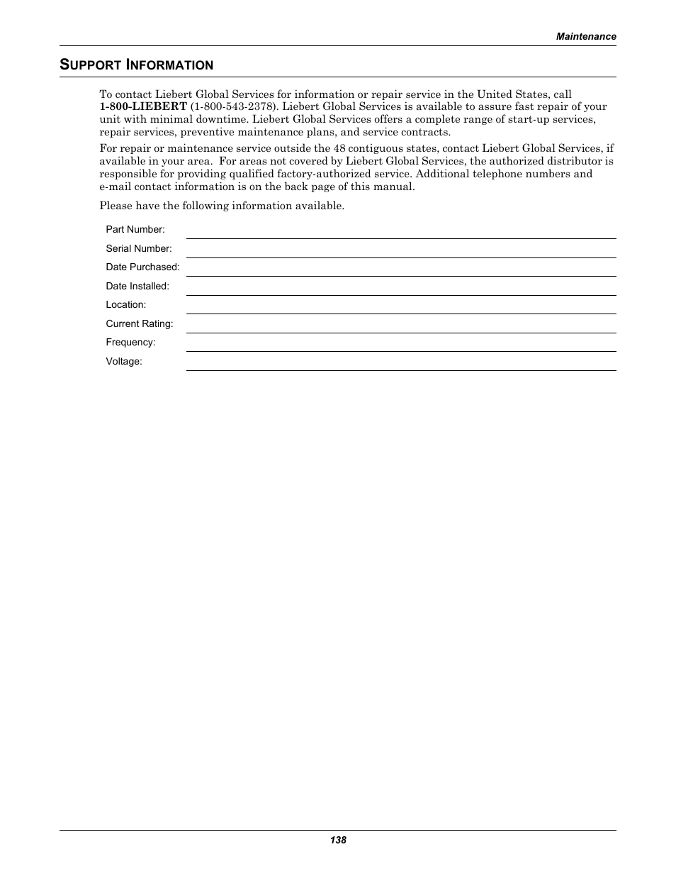 Support information, Upport, Nformation | Liebert POWER PROTECTION STATIC TRANSFER SWITCH User Manual | Page 146 / 152