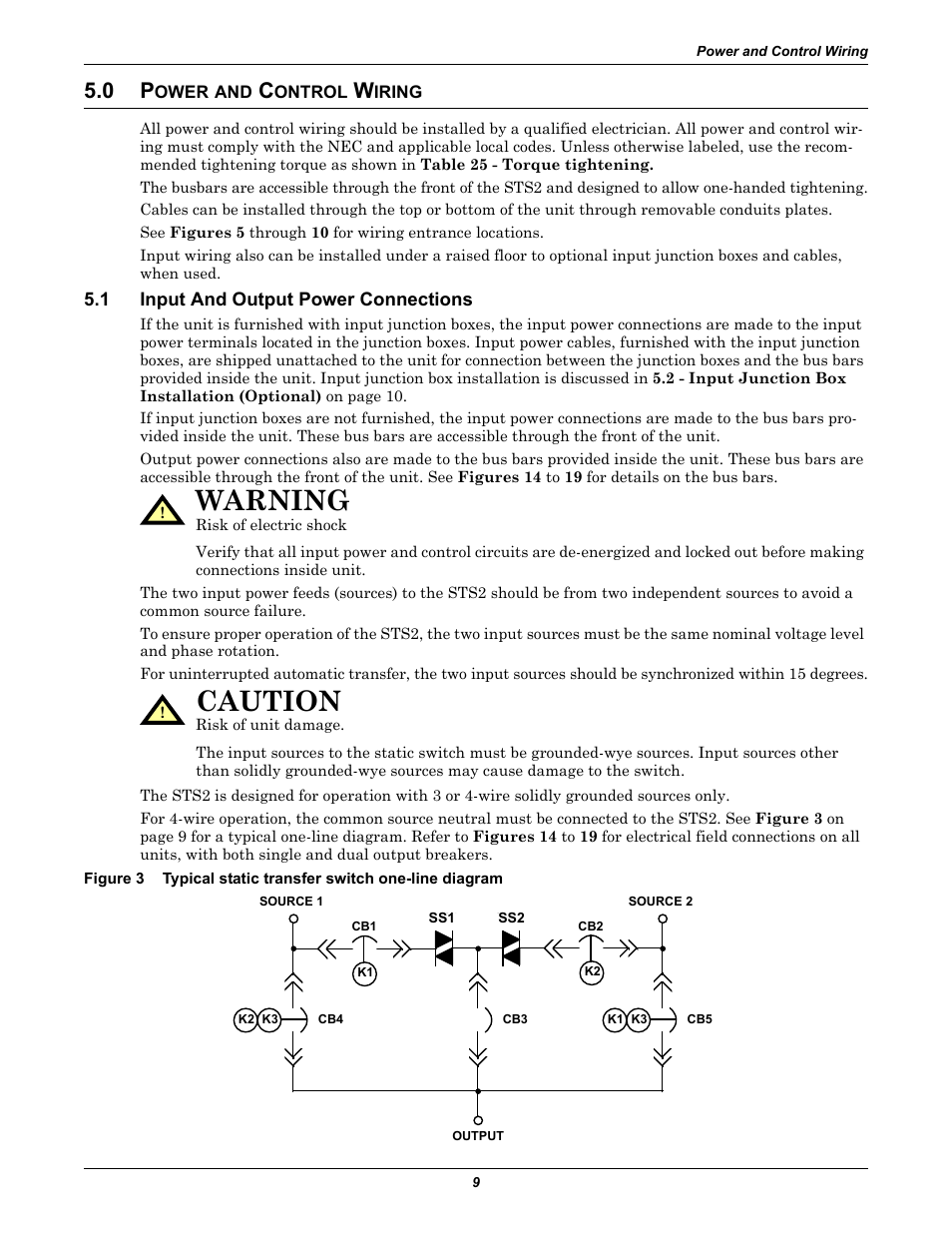0 power and control wiring, 1 input and output power connections, Ower | Ontrol, Iring, Input and output power connections, Figure 3, Typical static transfer switch one-line diagram, Warning, Caution | Liebert POWER PROTECTION STATIC TRANSFER SWITCH User Manual | Page 17 / 152