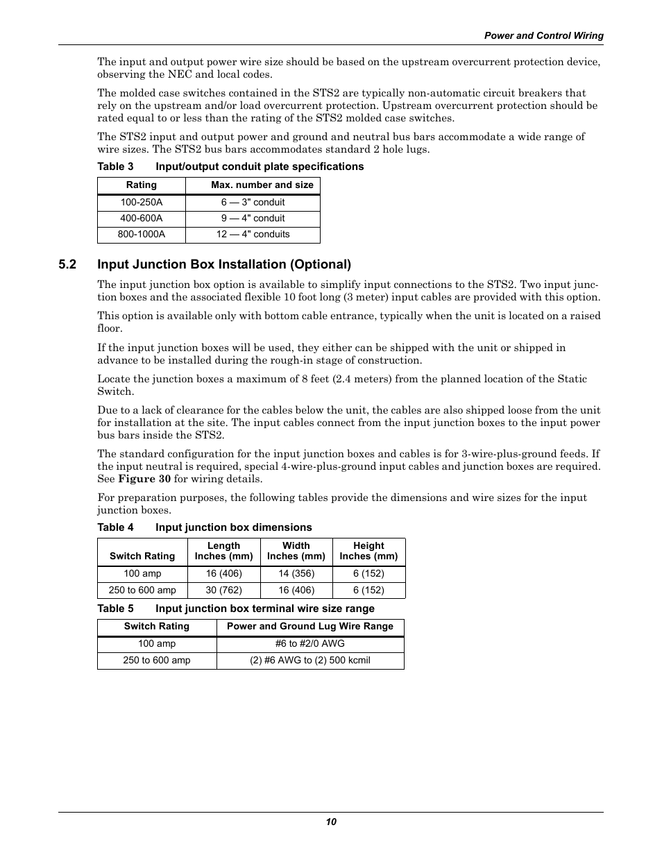 Table 3 input/output conduit plate specifications, 2 input junction box installation (optional), Table 4 input junction box dimensions | Input junction box installation (optional), Table 3, Input/output conduit plate specifications, Table 4, Input junction box dimensions, Table 5, Input junction box terminal wire size range | Liebert POWER PROTECTION STATIC TRANSFER SWITCH User Manual | Page 18 / 152