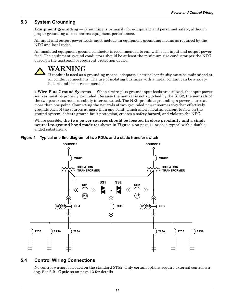 3 system grounding, 4 control wiring connections, System grounding | Control wiring connections, Figure 4, Warning | Liebert POWER PROTECTION STATIC TRANSFER SWITCH User Manual | Page 19 / 152