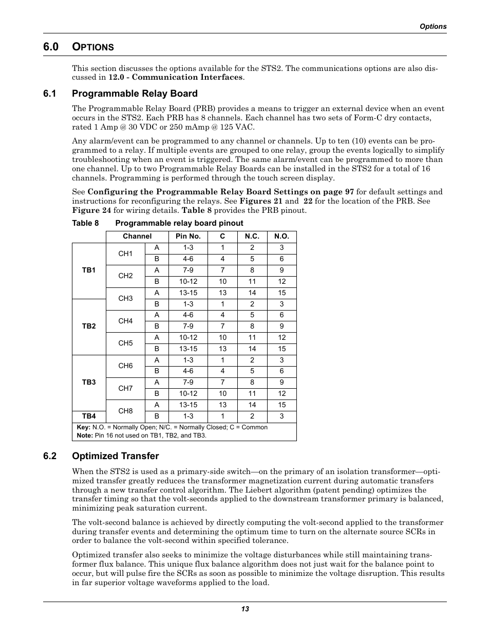 0 options, 1 programmable relay board, Table 8 programmable relay board pinout | 2 optimized transfer, Ptions, Programmable relay board, Optimized transfer, Table 8, Programmable relay board pinout, 0 - options | Liebert POWER PROTECTION STATIC TRANSFER SWITCH User Manual | Page 21 / 152