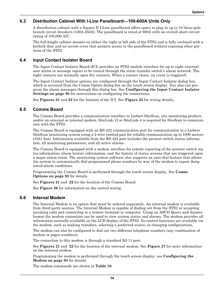 4 input contact isolator board, 5 comms board, 6 internal modem | Input contact isolator board, Comms board, Internal modem | Liebert POWER PROTECTION STATIC TRANSFER SWITCH User Manual | Page 22 / 152
