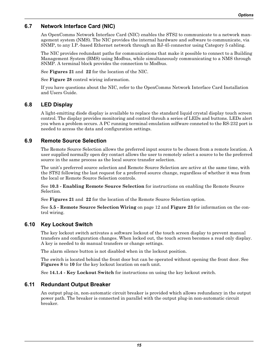 7 network interface card (nic), 8 led display, 9 remote source selection | 10 key lockout switch, 11 redundant output breaker, Network interface card (nic), Led display, Remote source selection, Key lockout switch, Redundant output breaker | Liebert POWER PROTECTION STATIC TRANSFER SWITCH User Manual | Page 23 / 152