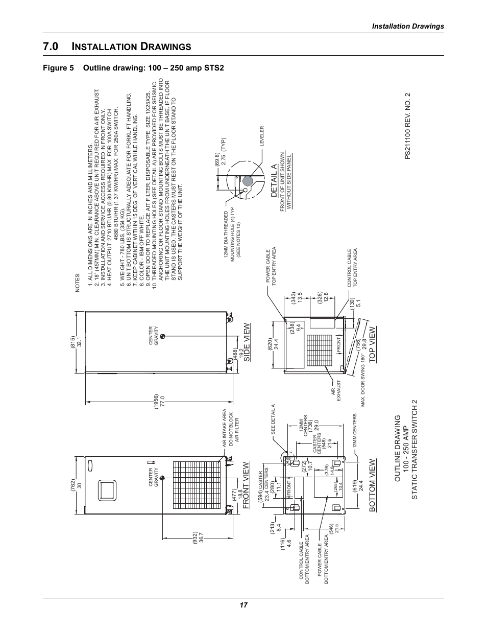 0 installation drawings, Figure 5 outline drawing: 100 - 250 amp sts2, Nstallation | Rawings, Figure 5, Outline drawing: 100 – 250 amp sts2, 0 - installation drawings —prov, See figures 5, Figures 5, Installation drawings 17 | Liebert POWER PROTECTION STATIC TRANSFER SWITCH User Manual | Page 25 / 152