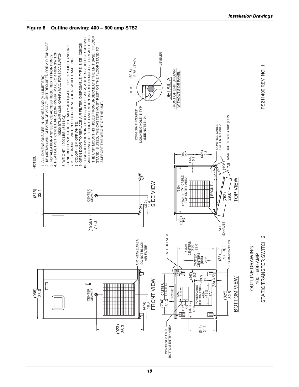 Figure 6 outline drawing: 400 - 600 amp sts2, Figure 6, Outline drawing: 400 – 600 amp sts2 | Front view side view, Bottom view top view, Detail a, Installation drawings 18 | Liebert POWER PROTECTION STATIC TRANSFER SWITCH User Manual | Page 26 / 152