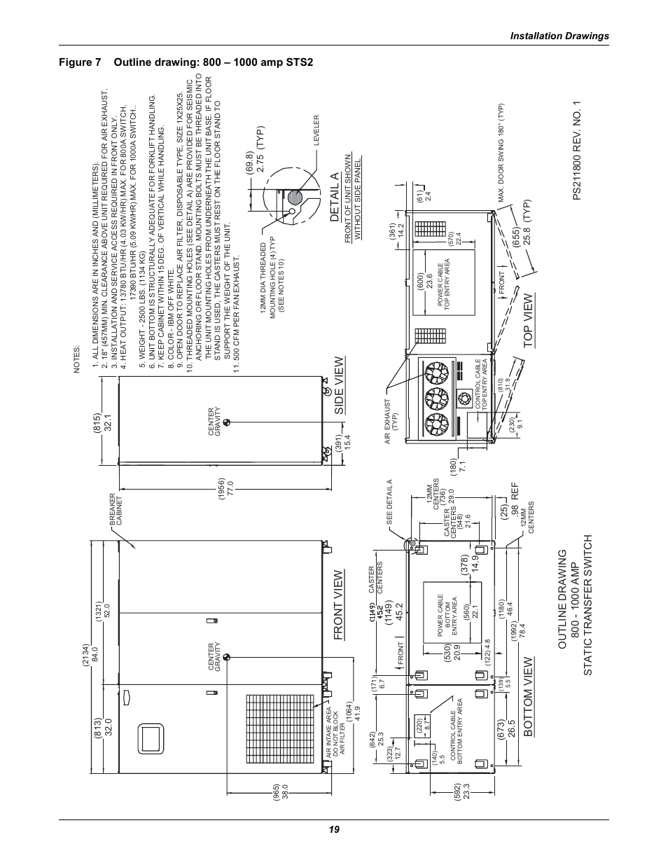 Figure 7 outline drawing: 800 - 1000 amp sts2, Figure 7, Outline drawing: 800 – 1000 amp sts2 | Front view, Side view top view bottom view, Detail a, Installation drawings 19 | Liebert POWER PROTECTION STATIC TRANSFER SWITCH User Manual | Page 27 / 152