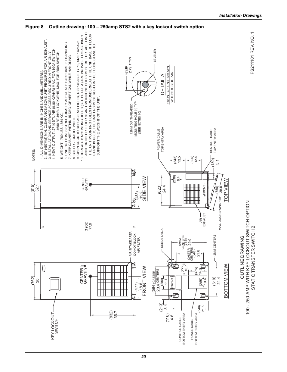Figure 8, Side view top view, Bottom view front view | Detail a | Liebert POWER PROTECTION STATIC TRANSFER SWITCH User Manual | Page 28 / 152