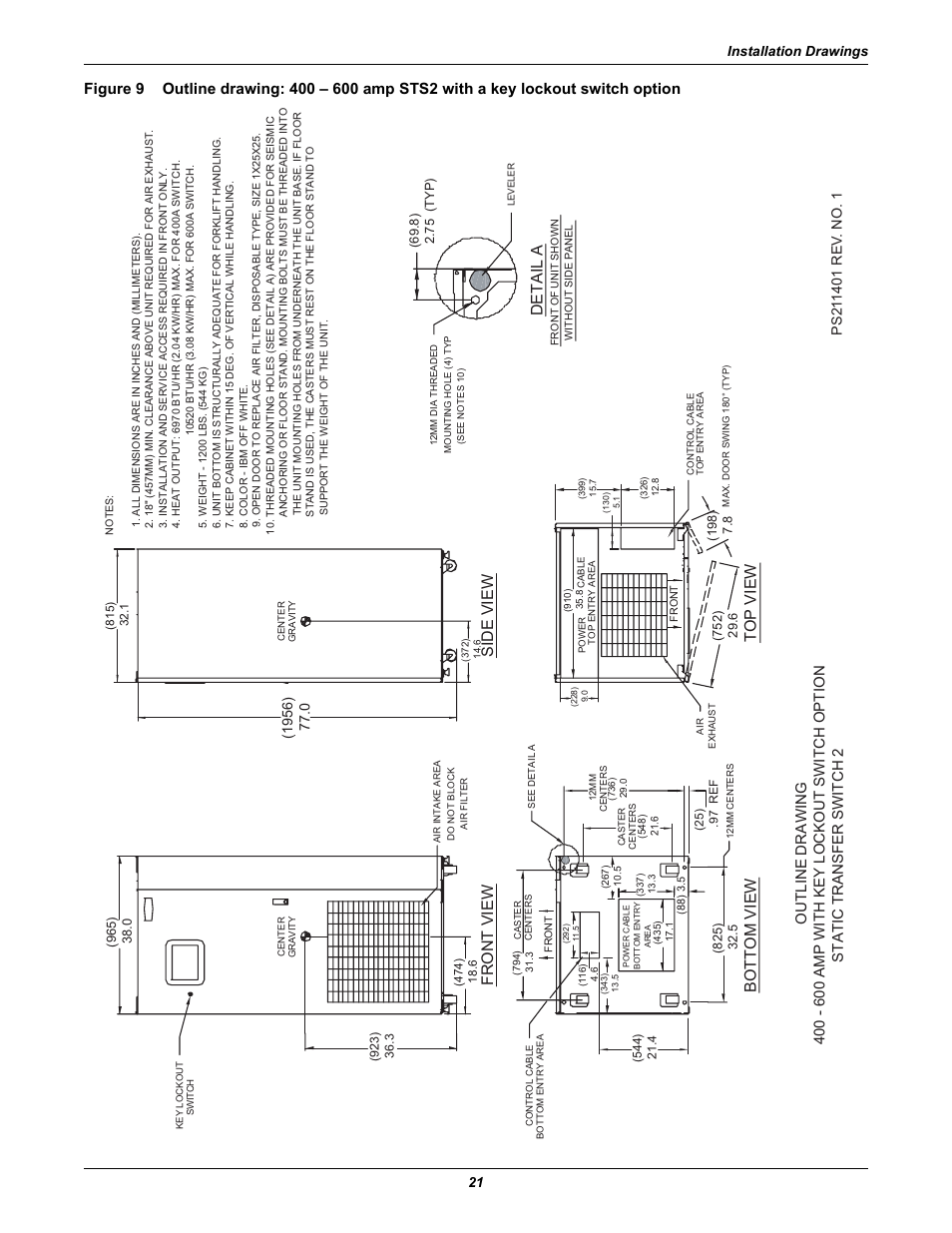 Figure 9, Front view side view, Bottom view top view | Detail a, Installation drawings 21 | Liebert POWER PROTECTION STATIC TRANSFER SWITCH User Manual | Page 29 / 152