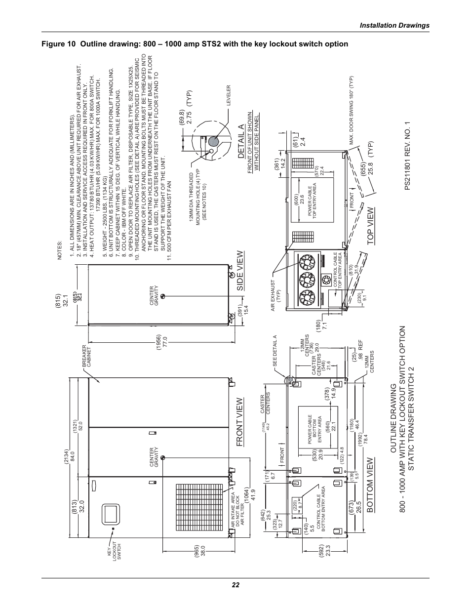 H 10, H 10 for, Front view | Side view top view bottom view, Detail a, Installation drawings 22 | Liebert POWER PROTECTION STATIC TRANSFER SWITCH User Manual | Page 30 / 152