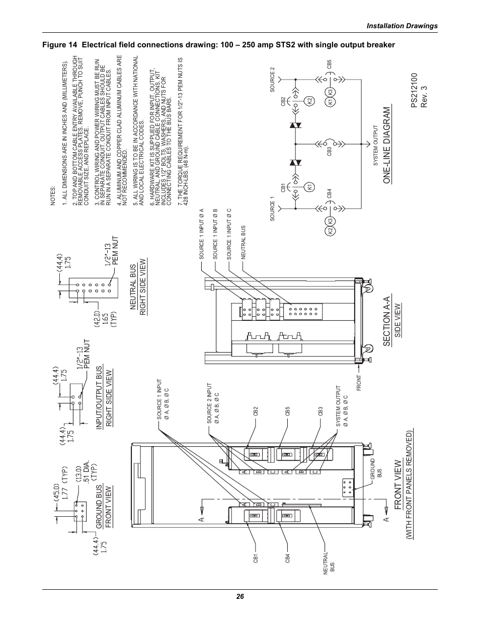 Figures 14 to, Figures 14, Front view | One-line diagram | Liebert POWER PROTECTION STATIC TRANSFER SWITCH User Manual | Page 34 / 152