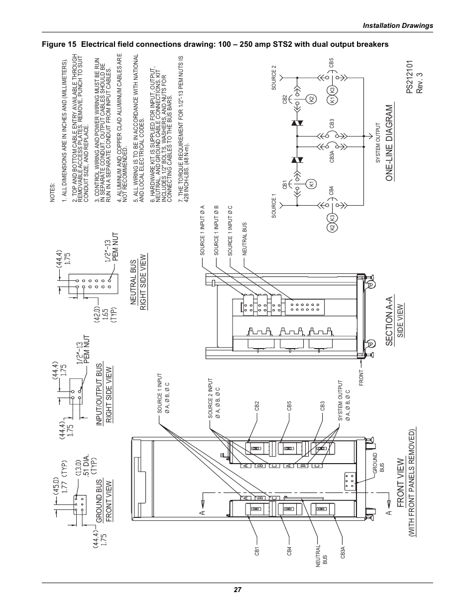 Front view, One-line diagram | Liebert POWER PROTECTION STATIC TRANSFER SWITCH User Manual | Page 35 / 152