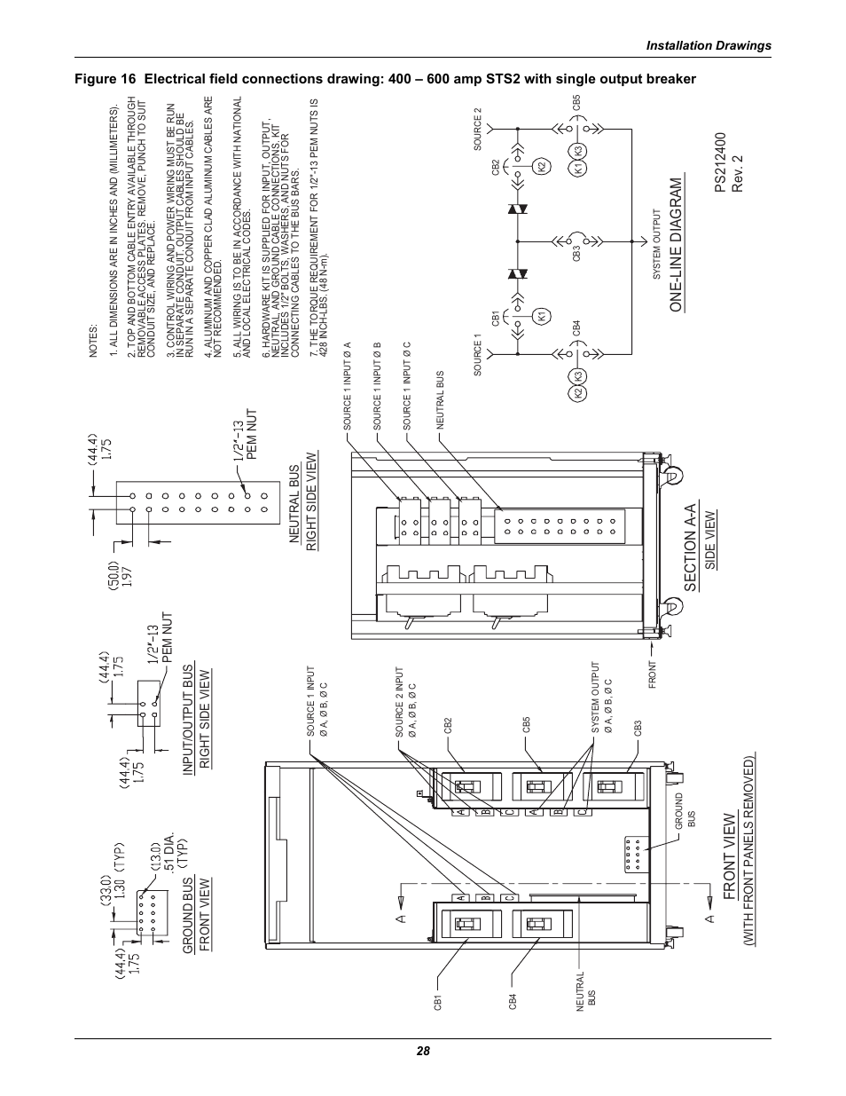 Front view, One-line diagram | Liebert POWER PROTECTION STATIC TRANSFER SWITCH User Manual | Page 36 / 152