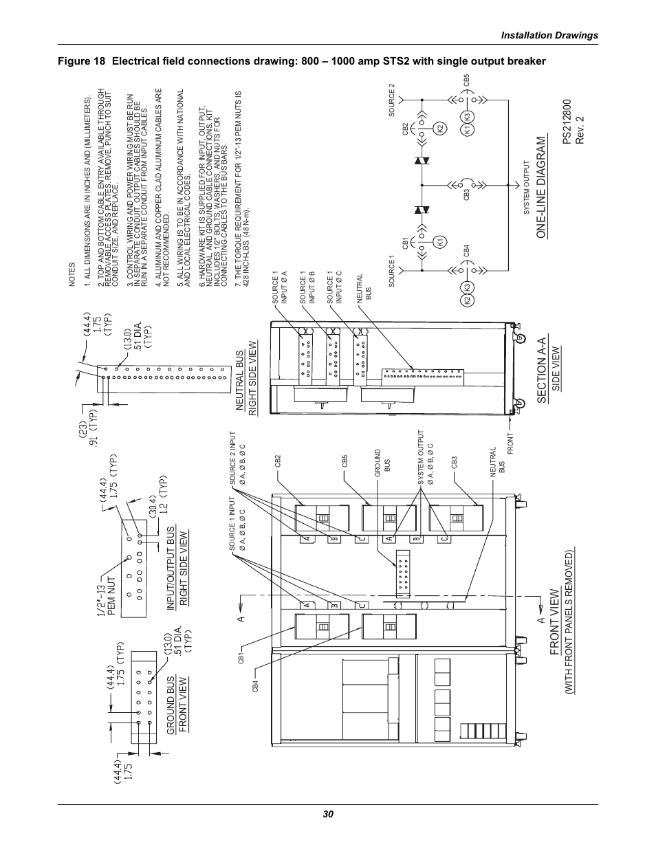 Front view, One-line diagram | Liebert POWER PROTECTION STATIC TRANSFER SWITCH User Manual | Page 38 / 152