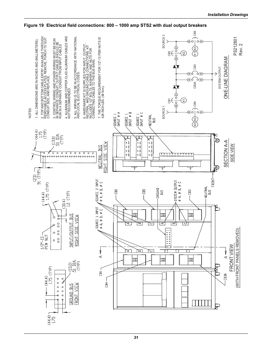 To 19 for el, One-line diagram, Front view | Liebert POWER PROTECTION STATIC TRANSFER SWITCH User Manual | Page 39 / 152