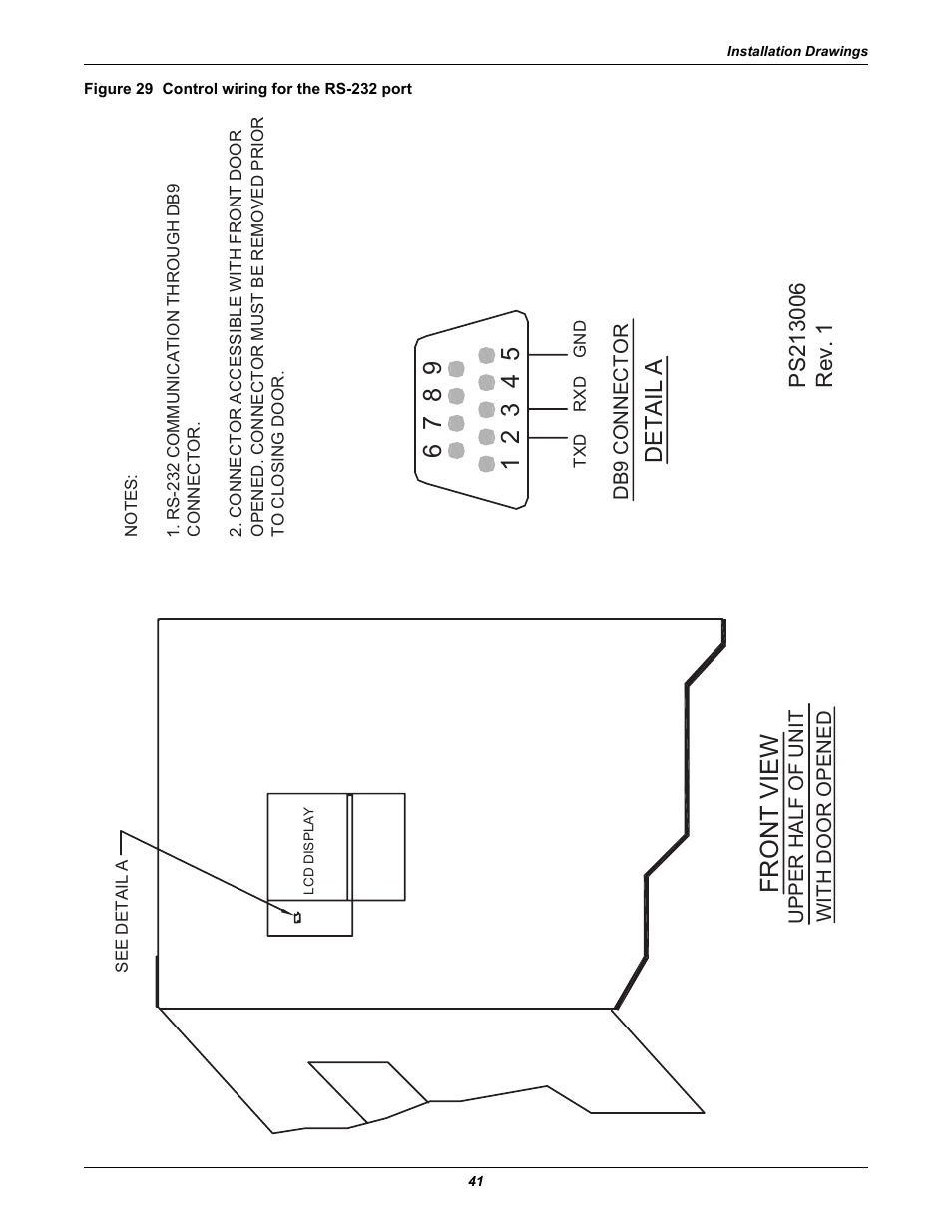 Figure 29 control wiring for the rs-232 port, Front view, Detail a | Liebert POWER PROTECTION STATIC TRANSFER SWITCH User Manual | Page 49 / 152
