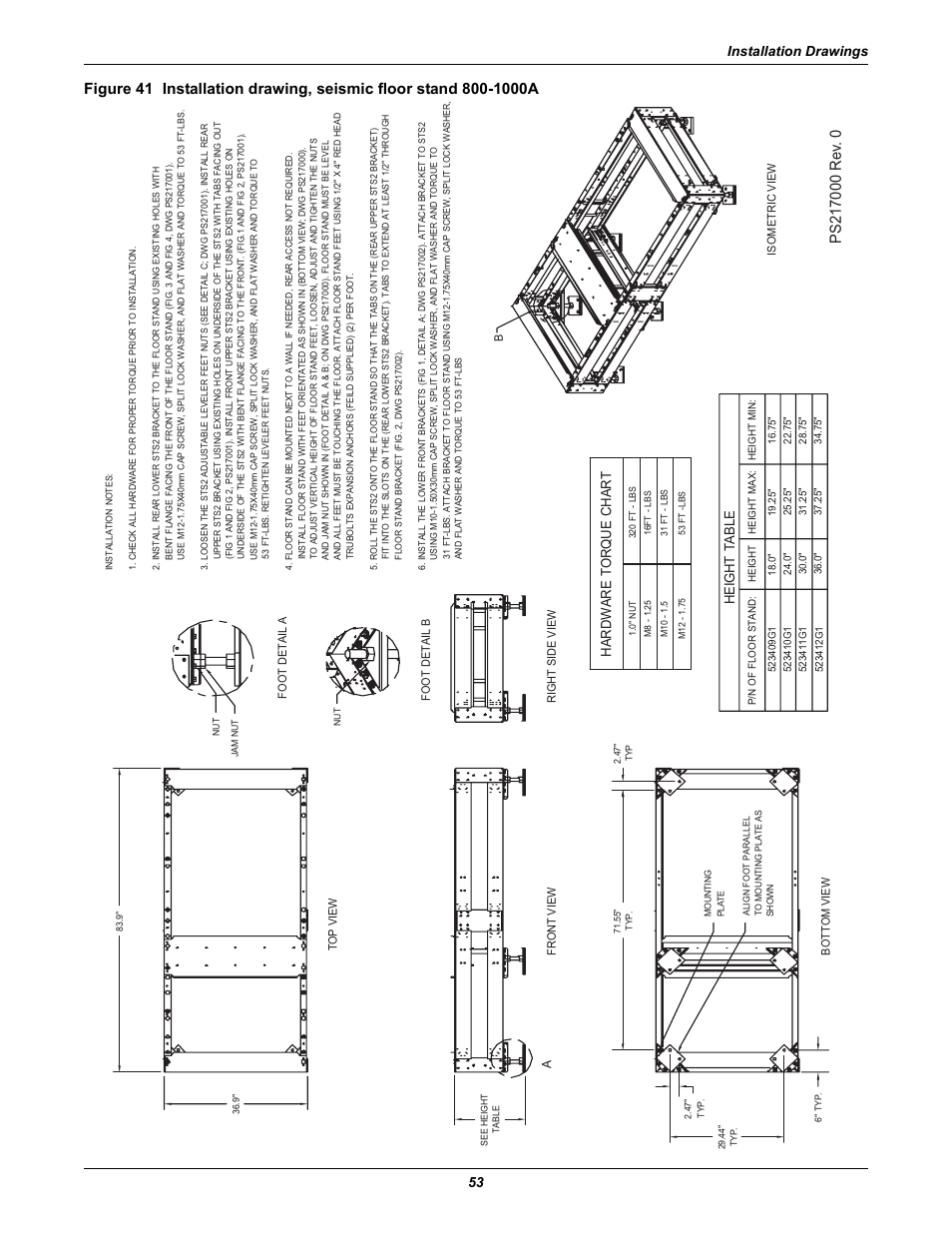 Installation drawings 53, Height table, Hardware torque chart | Liebert POWER PROTECTION STATIC TRANSFER SWITCH User Manual | Page 61 / 152
