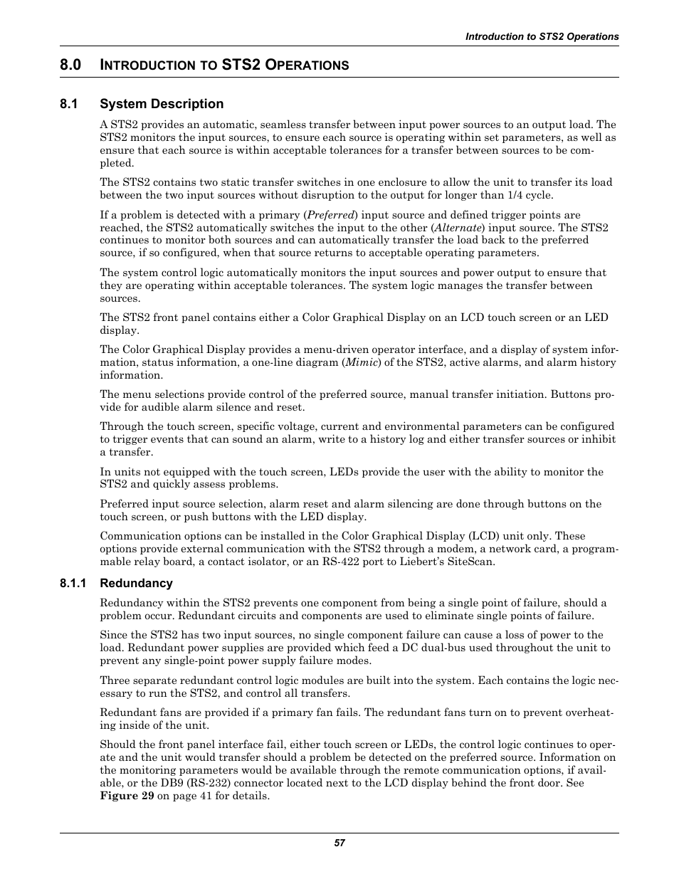 0 introduction to sts2 operations, 1 system description, 1 redundancy | Ntroduction, Sts2 o, Perations, System description, Redundancy, 0 - introduction to sts2 operations —provides a | Liebert POWER PROTECTION STATIC TRANSFER SWITCH User Manual | Page 65 / 152