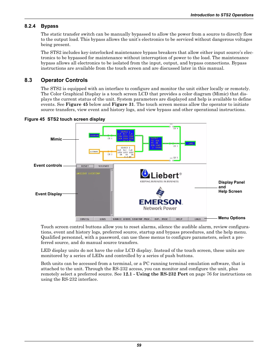 4 bypass, 3 operator controls, Figure 45 sts2 touch screen display | Bypass, Operator controls | Liebert POWER PROTECTION STATIC TRANSFER SWITCH User Manual | Page 67 / 152