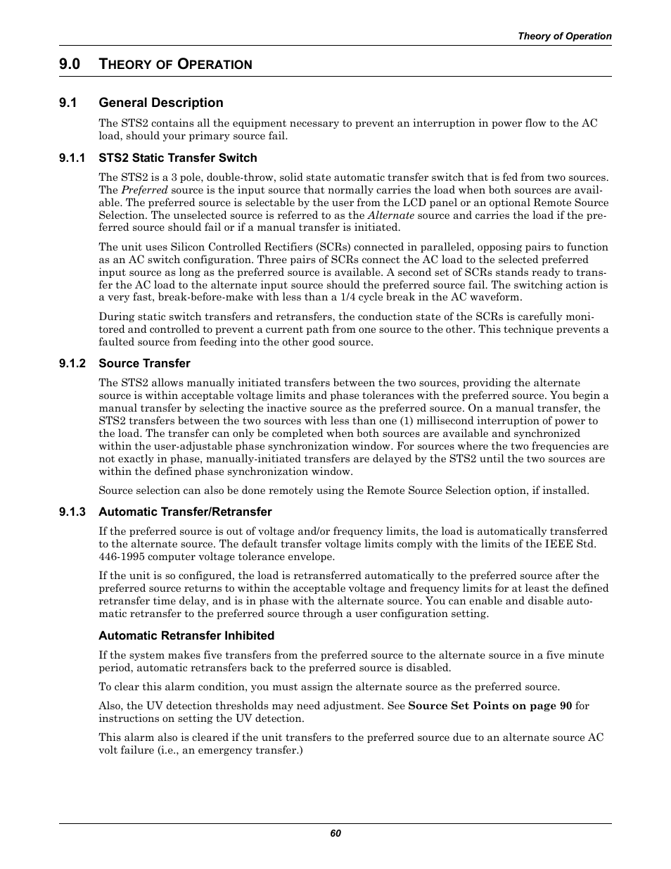 0 theory of operation, 1 general description, 1 sts2 static transfer switch | 2 source transfer, 3 automatic transfer/retransfer, Automatic retransfer inhibited, Heory, Peration, General description, Sts2 static transfer switch | Liebert POWER PROTECTION STATIC TRANSFER SWITCH User Manual | Page 68 / 152
