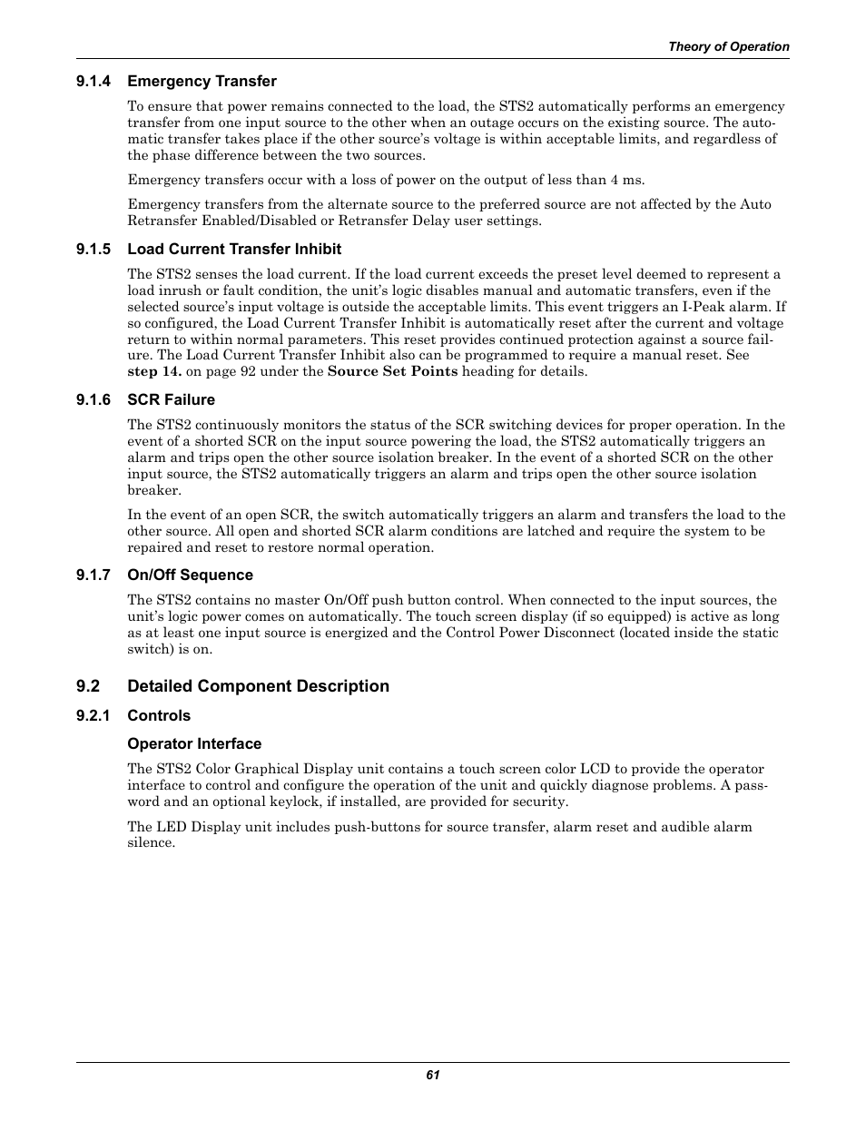 4 emergency transfer, 5 load current transfer inhibit, 6 scr failure | 7 on/off sequence, 2 detailed component description, 1 controls, Operator interface, Emergency transfer, Load current transfer inhibit, Scr failure | Liebert POWER PROTECTION STATIC TRANSFER SWITCH User Manual | Page 69 / 152