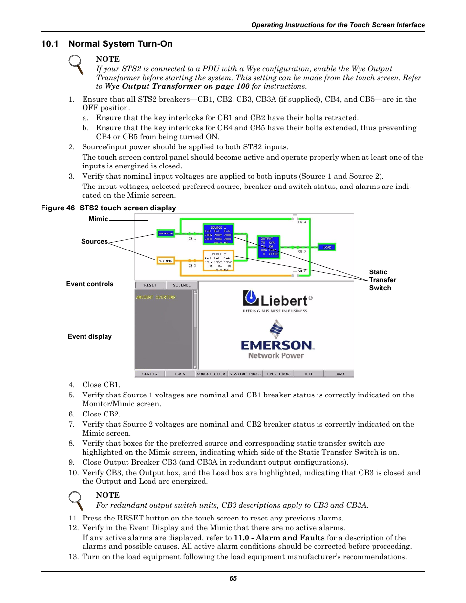 1 normal system turn-on, Figure 46 sts2 touch screen display, Normal system turn-on | Liebert POWER PROTECTION STATIC TRANSFER SWITCH User Manual | Page 73 / 152