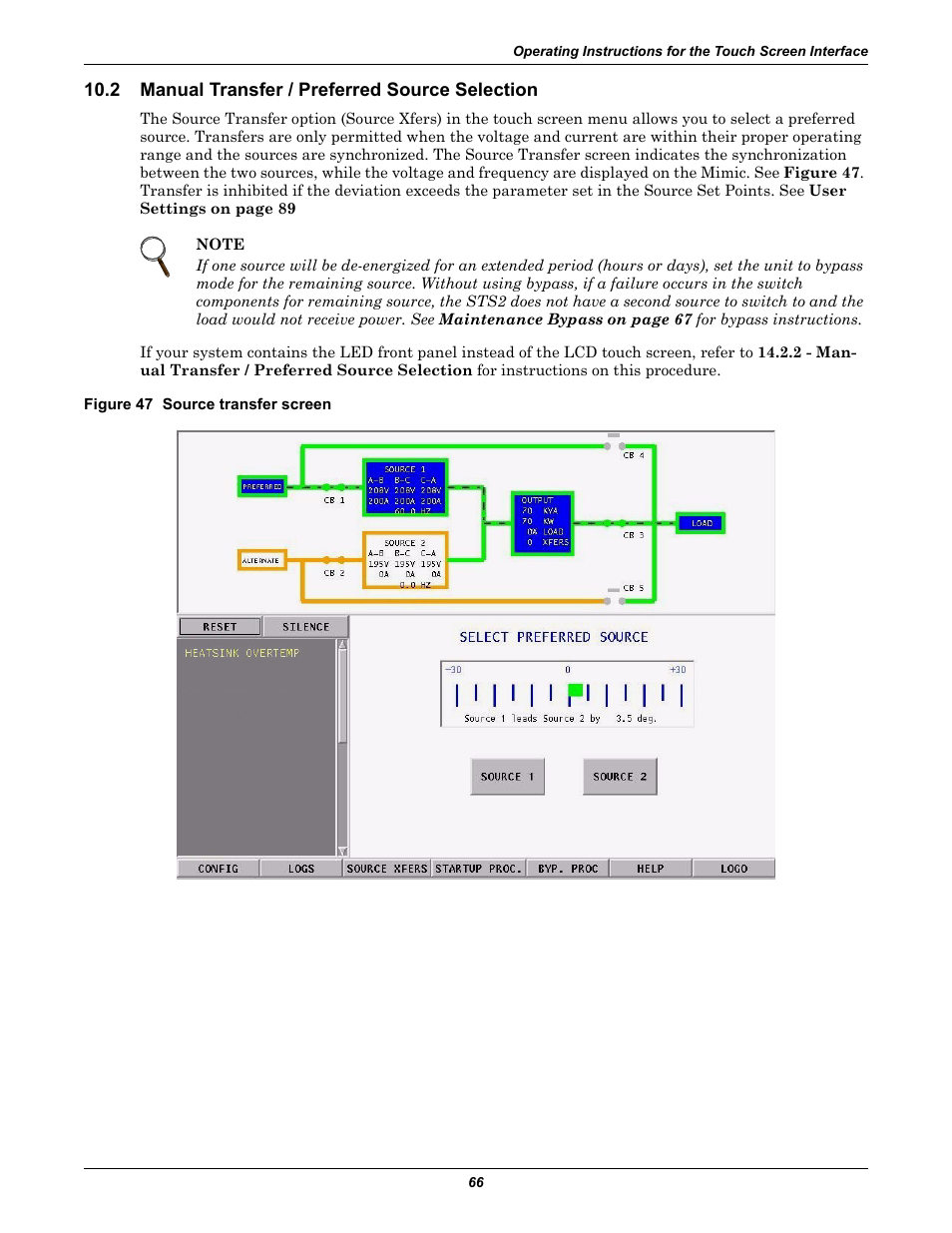 2 manual transfer / preferred source selection, Figure 47 source transfer screen, Manual transfer / preferred source selection | Liebert POWER PROTECTION STATIC TRANSFER SWITCH User Manual | Page 74 / 152