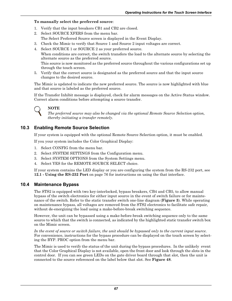 3 enabling remote source selection, 4 maintenance bypass, Enabling remote source selection | Maintenance bypass, 3 - enabling remote source selection | Liebert POWER PROTECTION STATIC TRANSFER SWITCH User Manual | Page 75 / 152