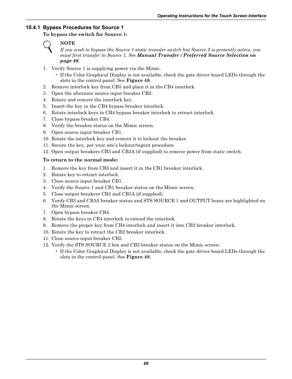 1 bypass procedures for source 1 | Liebert POWER PROTECTION STATIC TRANSFER SWITCH User Manual | Page 77 / 152