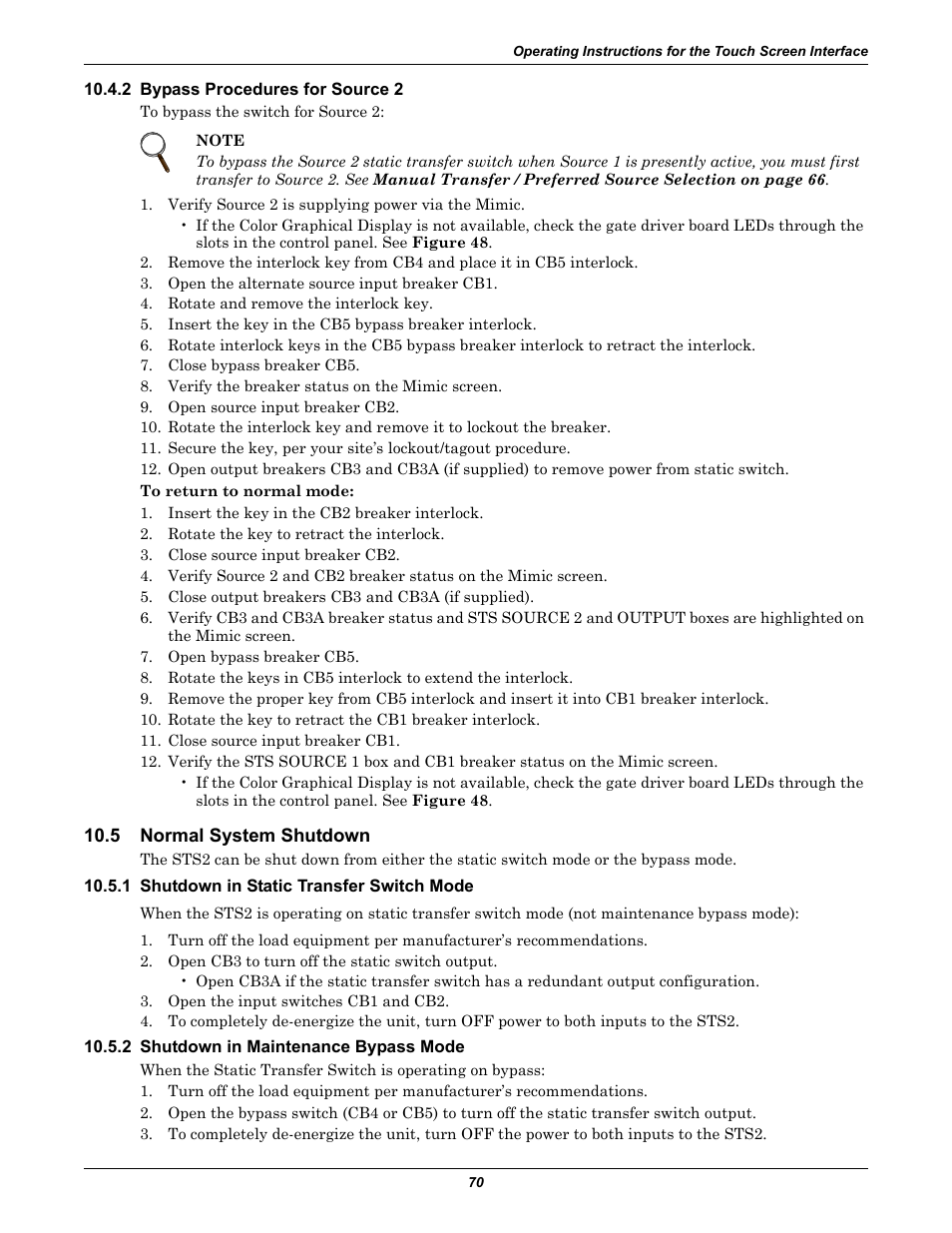 2 bypass procedures for source 2, 5 normal system shutdown, 1 shutdown in static transfer switch mode | 2 shutdown in maintenance bypass mode, Normal system shutdown | Liebert POWER PROTECTION STATIC TRANSFER SWITCH User Manual | Page 78 / 152