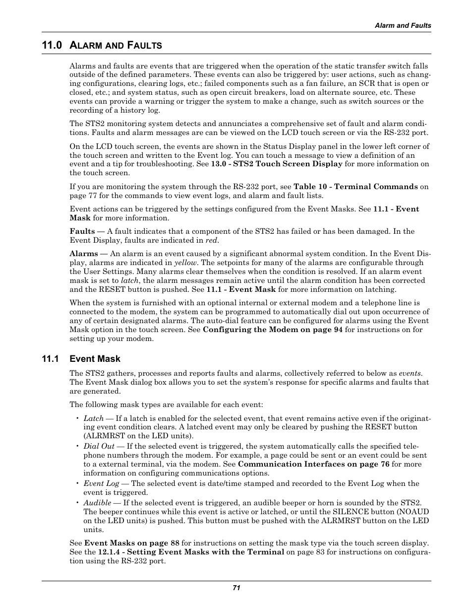 0 alarm and faults, 1 event mask, Larm | Aults, Event mask, 0 - alarm and faults, See 11.0, See 11.1 - event mask | Liebert POWER PROTECTION STATIC TRANSFER SWITCH User Manual | Page 79 / 152