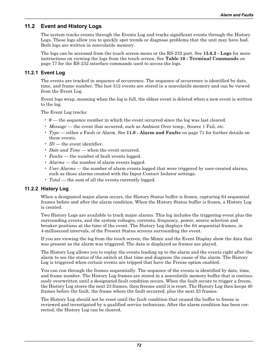 2 event and history logs, 1 event log, 2 history log | Event and history logs, 1 event log 11.2.2 history log | Liebert POWER PROTECTION STATIC TRANSFER SWITCH User Manual | Page 80 / 152