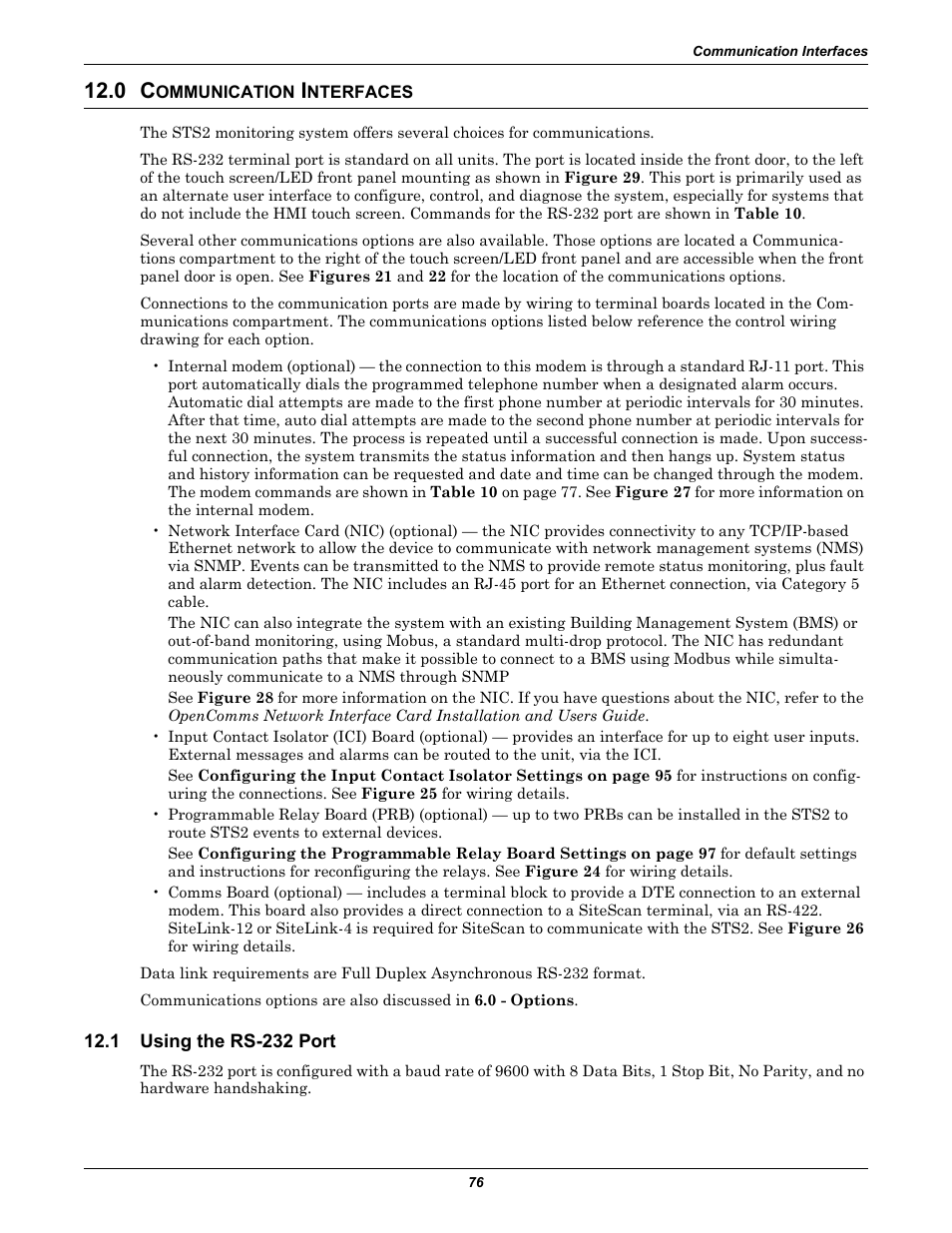 0 communication interfaces, 1 using the rs-232 port, Ommunication | Nterfaces, Using the rs-232 port, 0 - communication interfaces —discusses the com, 0 - com | Liebert POWER PROTECTION STATIC TRANSFER SWITCH User Manual | Page 84 / 152