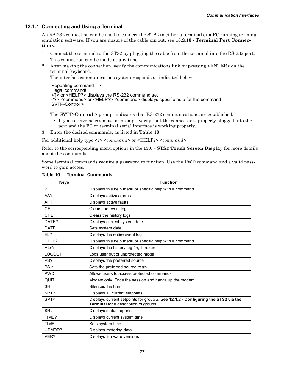 1 connecting and using a terminal, Table 10 terminal commands, Table 10 | Terminal commands, Table 10 - terminal commands on, 1 - connecting and using a | Liebert POWER PROTECTION STATIC TRANSFER SWITCH User Manual | Page 85 / 152