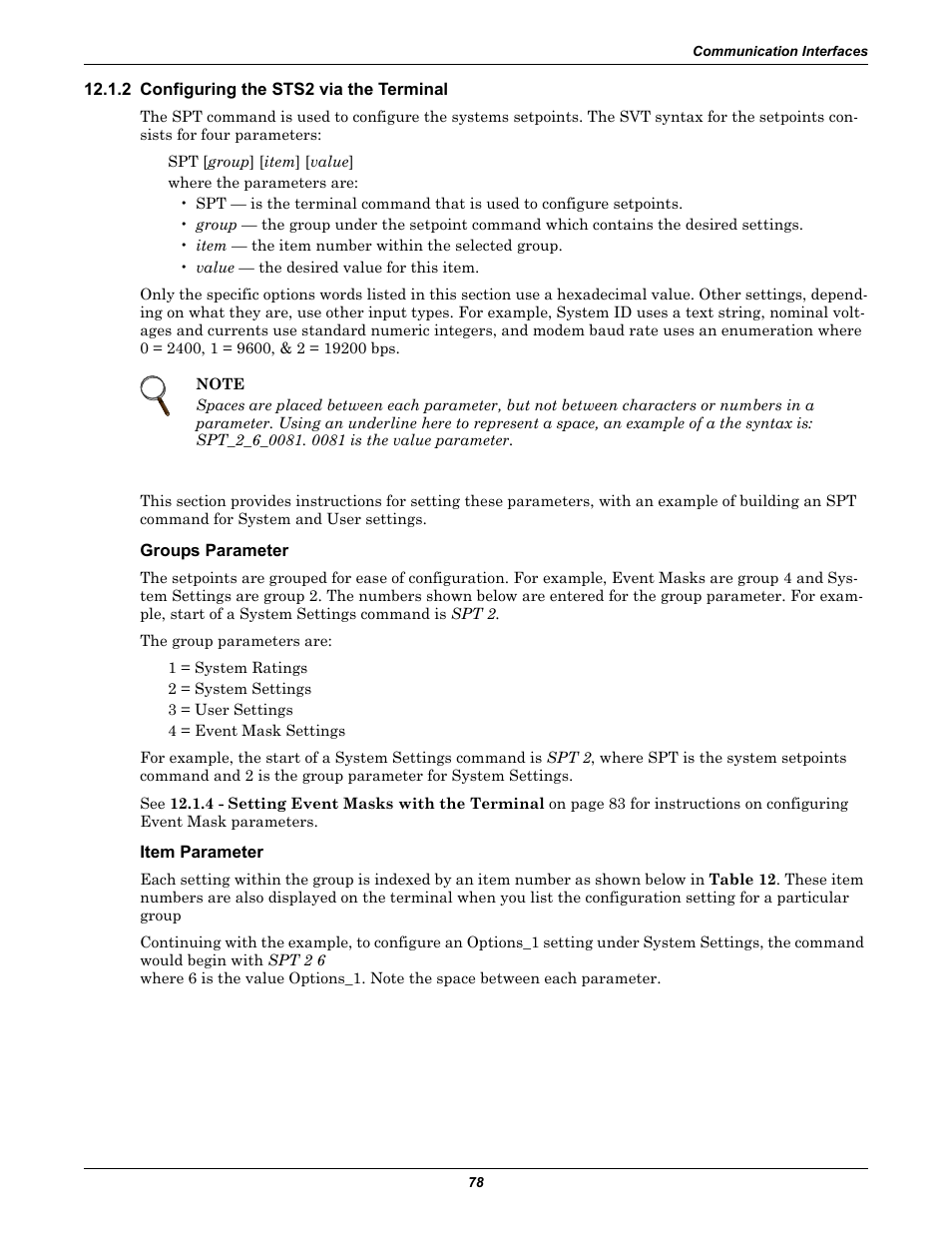2 configuring the sts2 via the terminal, Groups parameter, Item parameter | 2 - configuring the sts2 via the, Terminal | Liebert POWER PROTECTION STATIC TRANSFER SWITCH User Manual | Page 86 / 152