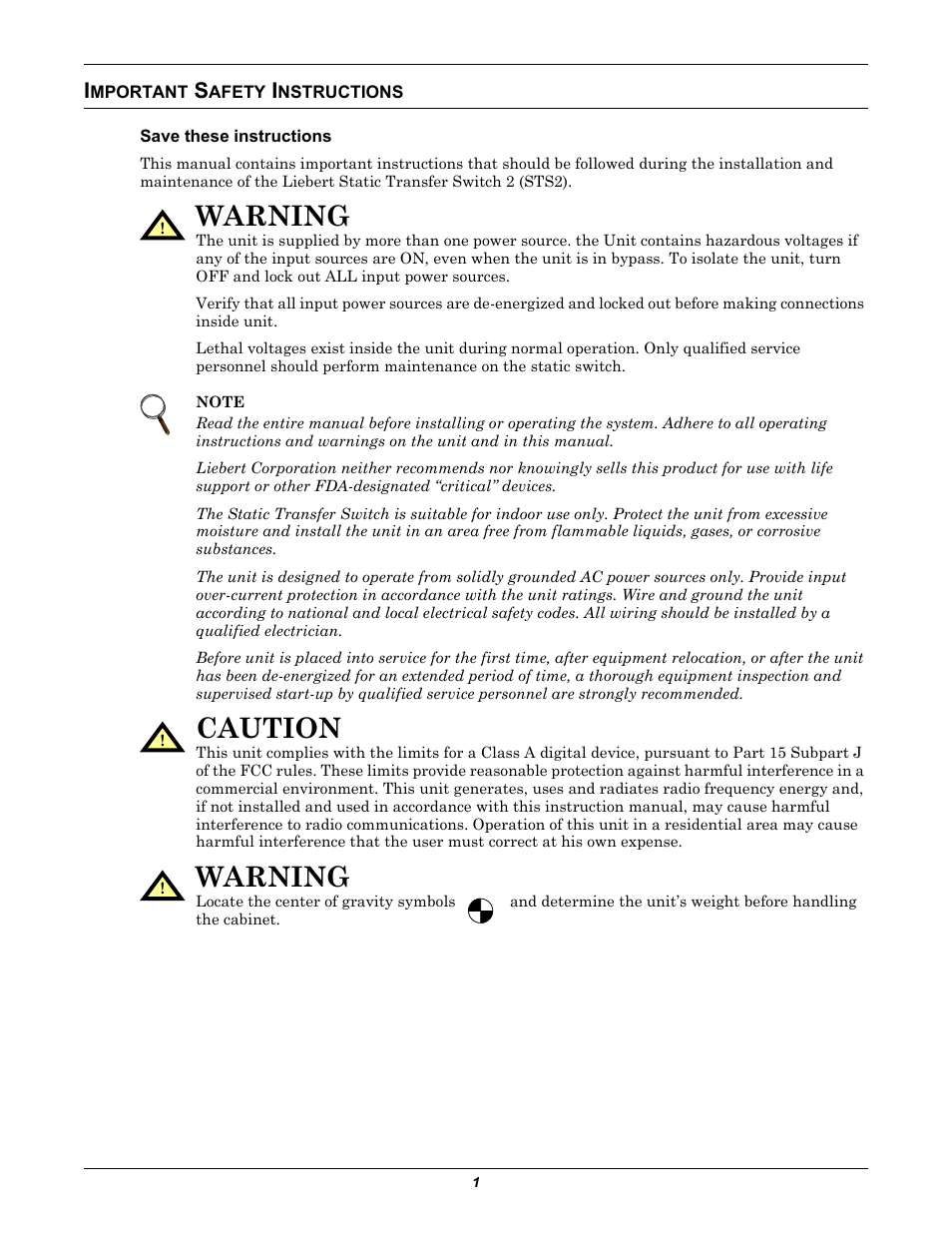 Important safety instructions, Save these instructions, Mportant | Afety, Nstructions, Warning, Caution | Liebert POWER PROTECTION STATIC TRANSFER SWITCH User Manual | Page 9 / 152