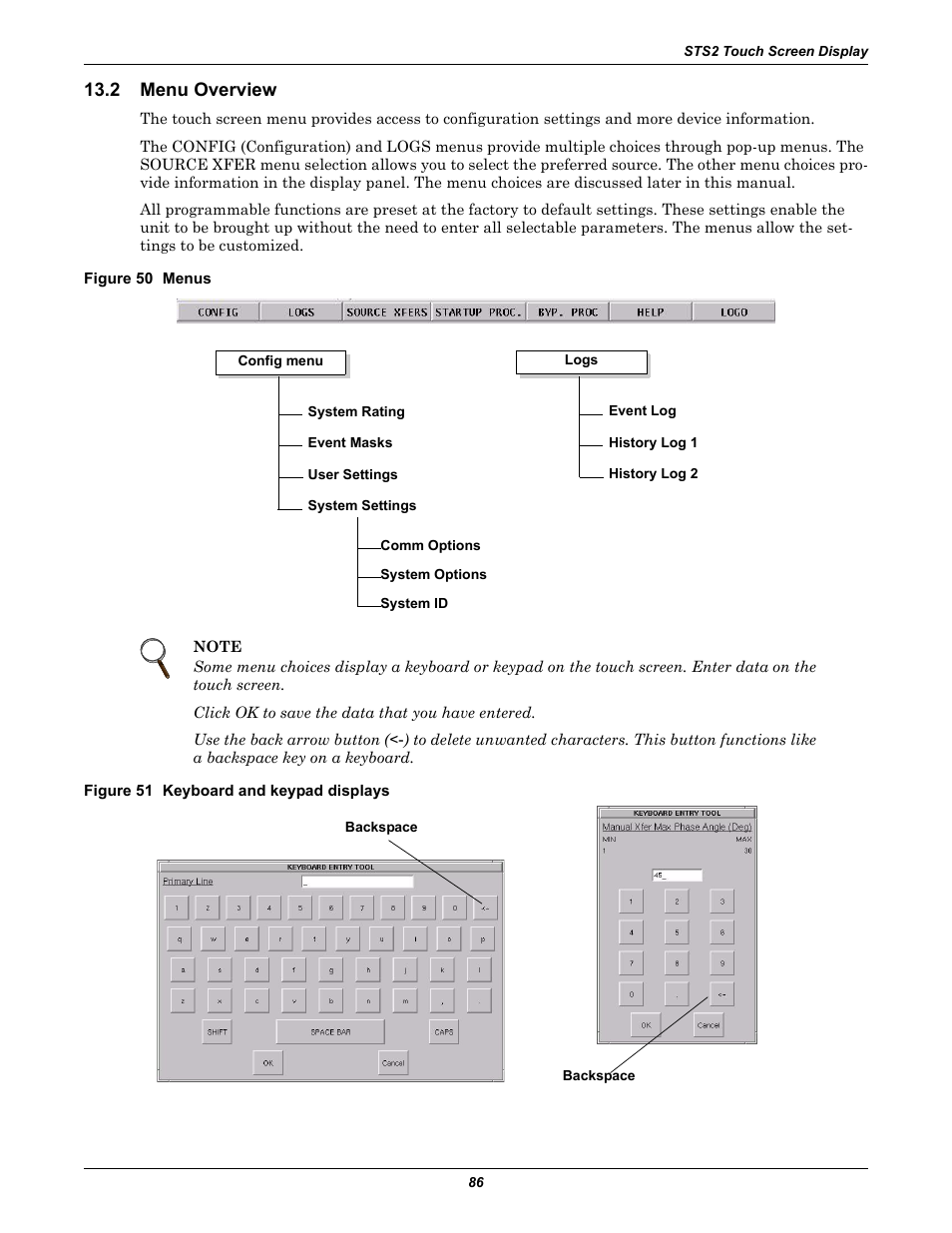 2 menu overview, Figure 50 menus, Figure 51 keyboard and keypad displays | Menu overview | Liebert POWER PROTECTION STATIC TRANSFER SWITCH User Manual | Page 94 / 152