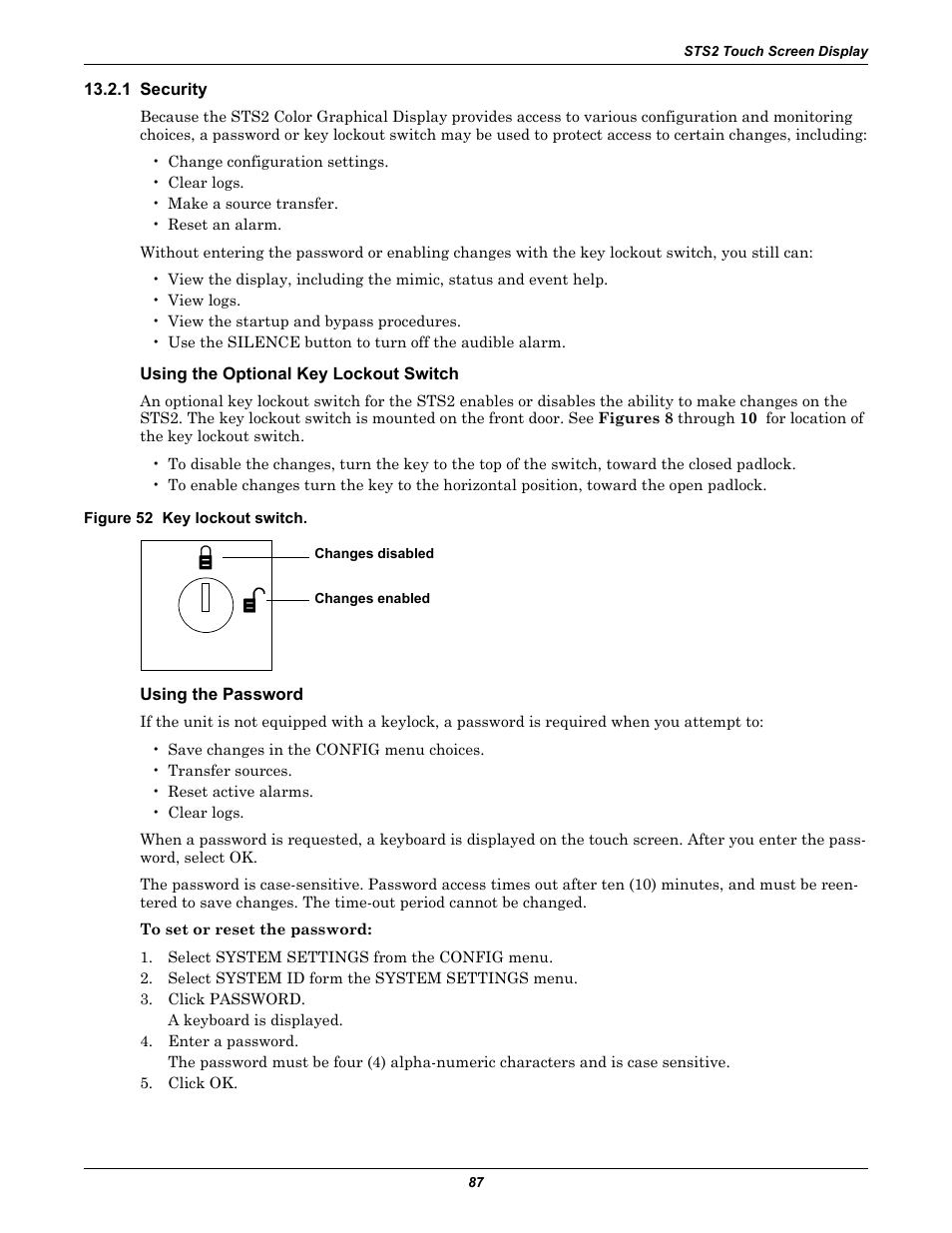 1 security, Using the optional key lockout switch, Figure 52 key lockout switch | Using the password, Key lockout switch | Liebert POWER PROTECTION STATIC TRANSFER SWITCH User Manual | Page 95 / 152