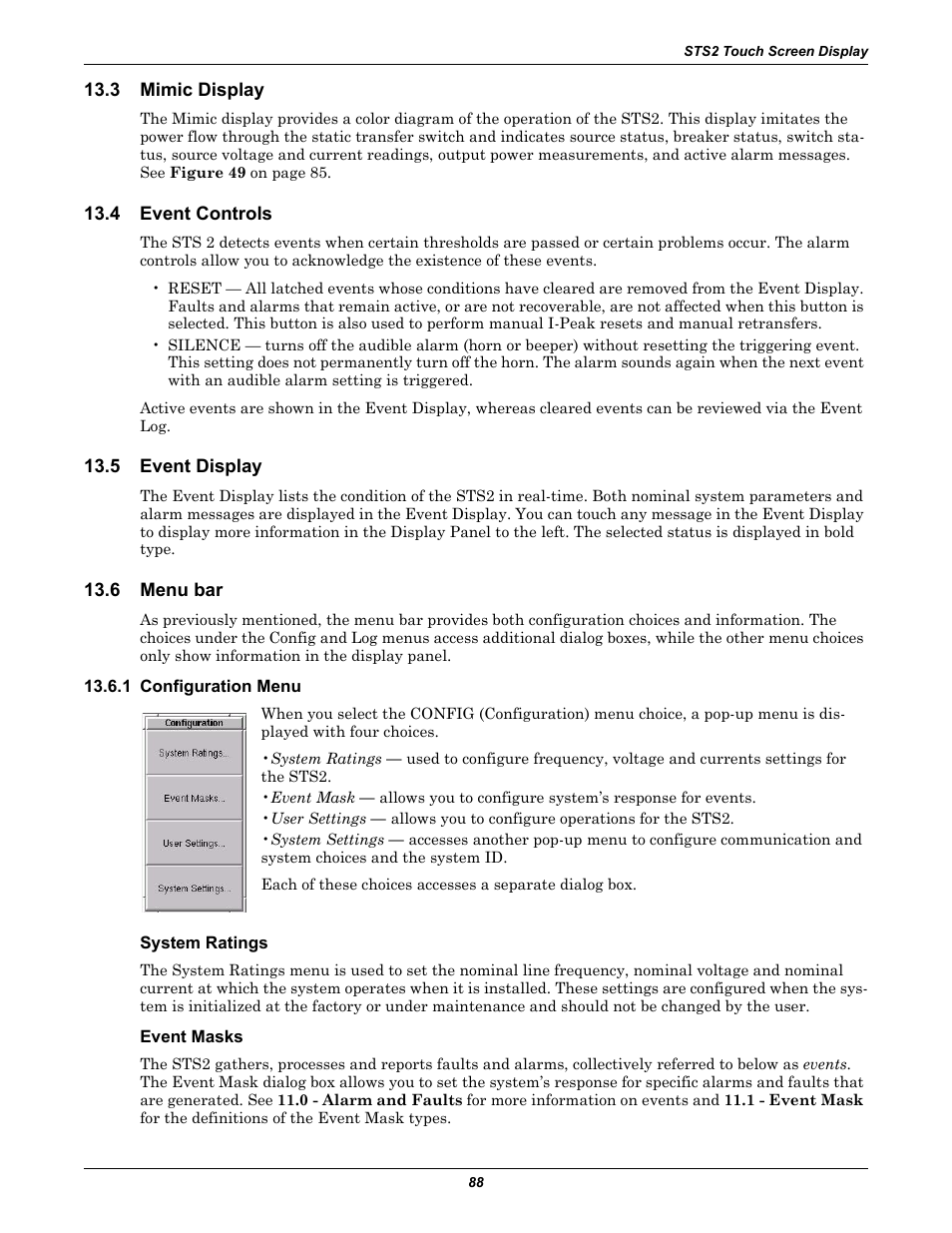 3 mimic display, 4 event controls, 5 event display | 6 menu bar, 1 configuration menu, System ratings, Event masks, Mimic display, Event controls, Event display | Liebert POWER PROTECTION STATIC TRANSFER SWITCH User Manual | Page 96 / 152