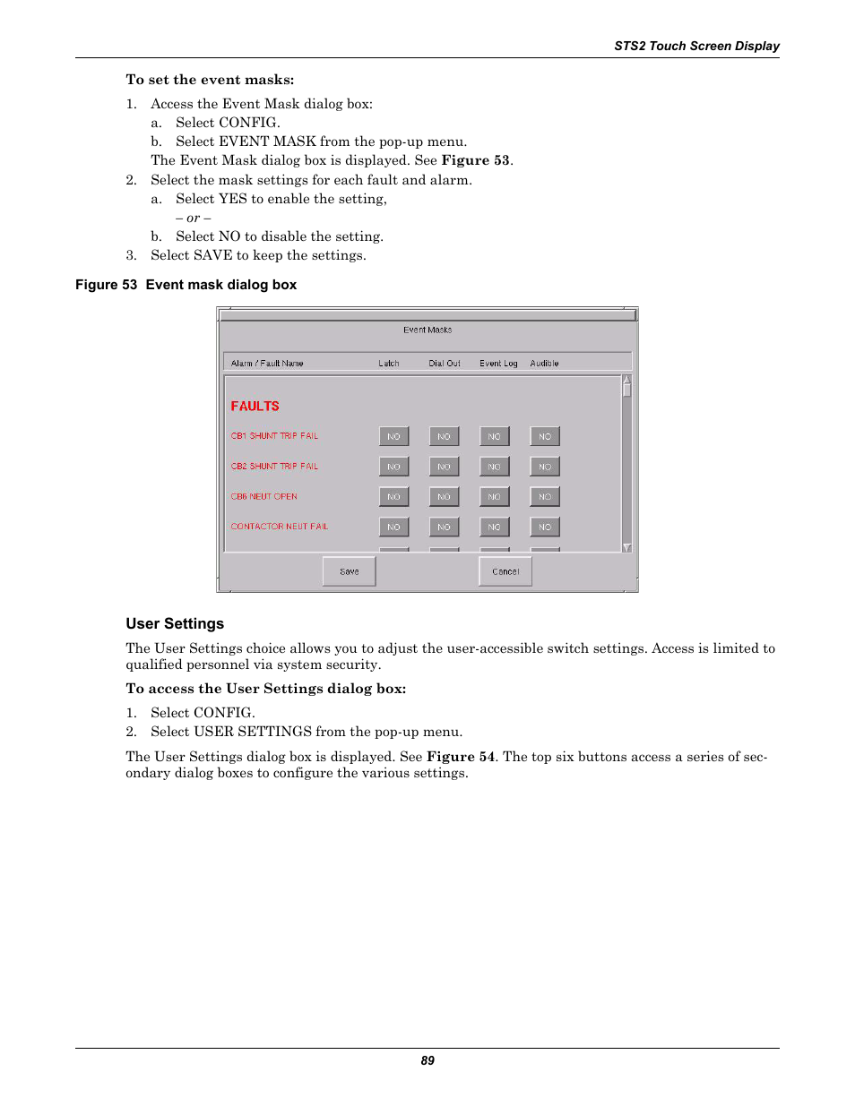 Figure 53 event mask dialog box, User settings, User | Liebert POWER PROTECTION STATIC TRANSFER SWITCH User Manual | Page 97 / 152