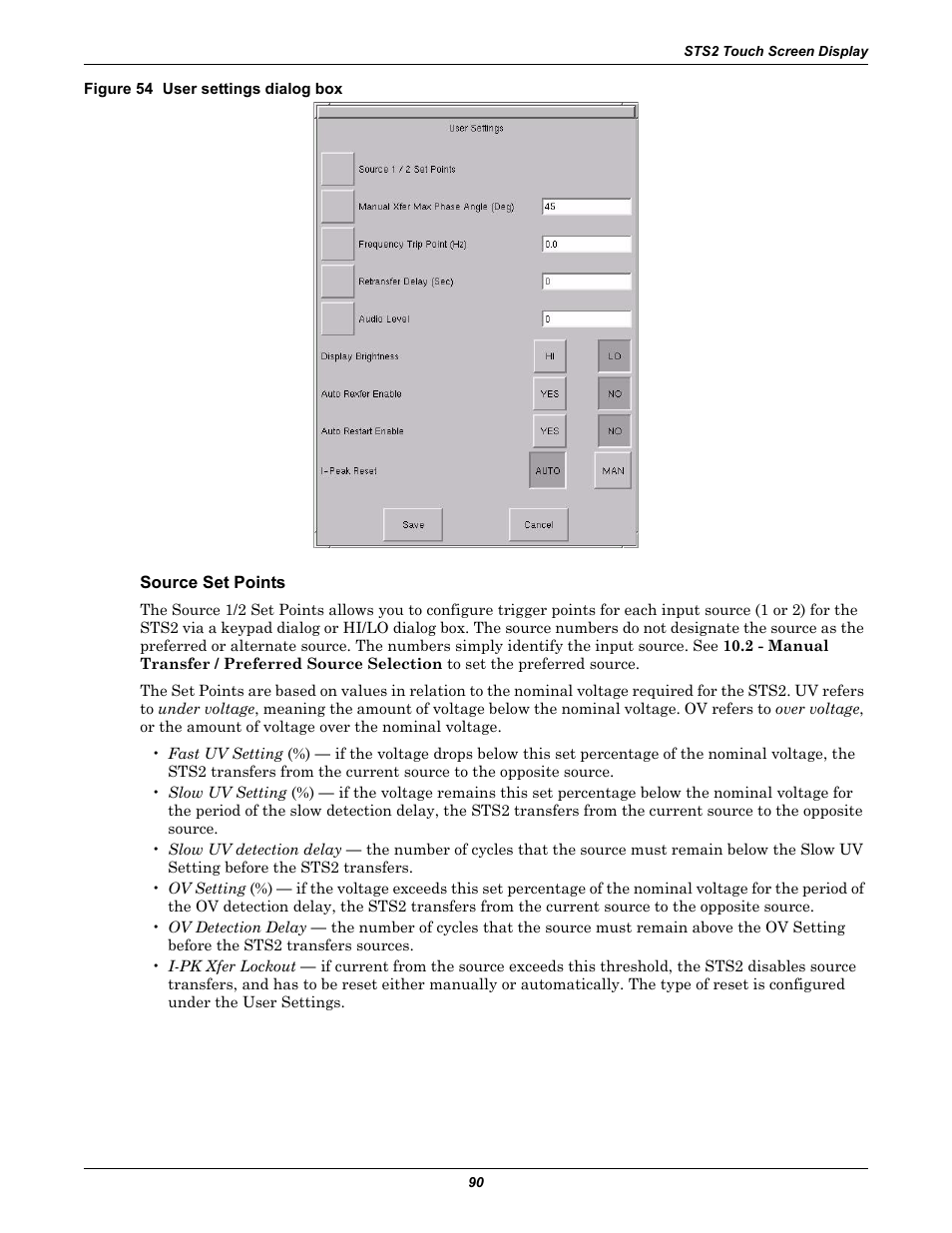 Figure 54 user settings dialog box, Source set points | Liebert POWER PROTECTION STATIC TRANSFER SWITCH User Manual | Page 98 / 152