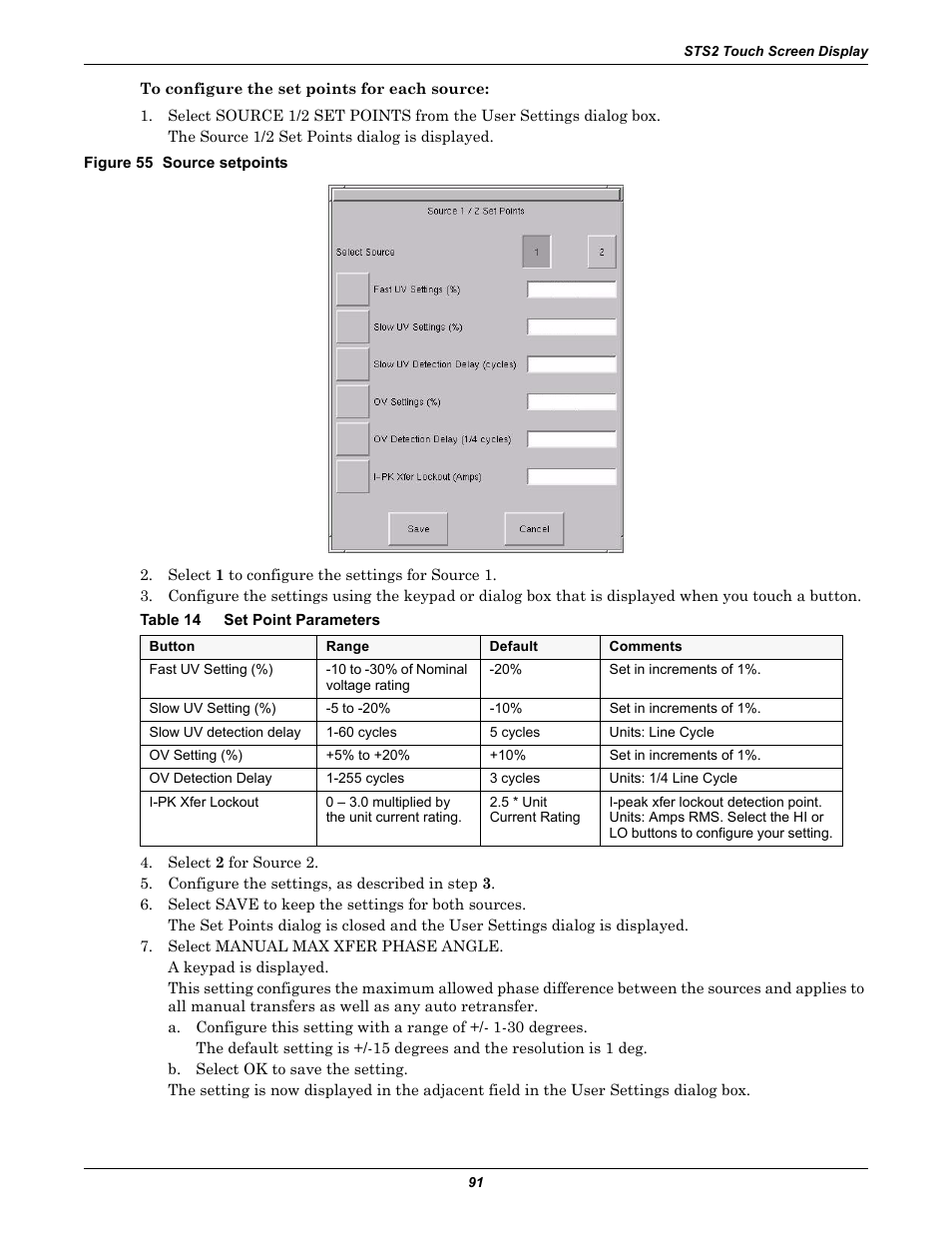 Figure 55 source setpoints, Table 14 set point parameters, Table 14 | Set point parameters | Liebert POWER PROTECTION STATIC TRANSFER SWITCH User Manual | Page 99 / 152