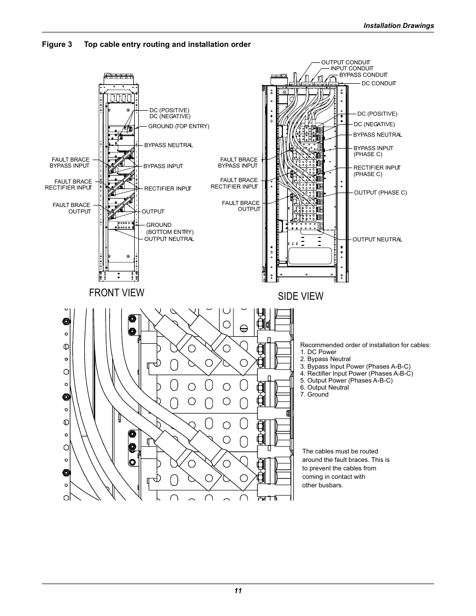Figure 3, Top cable entry routing and installation order, In figure 3 or | Figure 3 ), Front view, Side view | Liebert Ship-Ahead Input/Output Cabinet NXL User Manual | Page 15 / 20