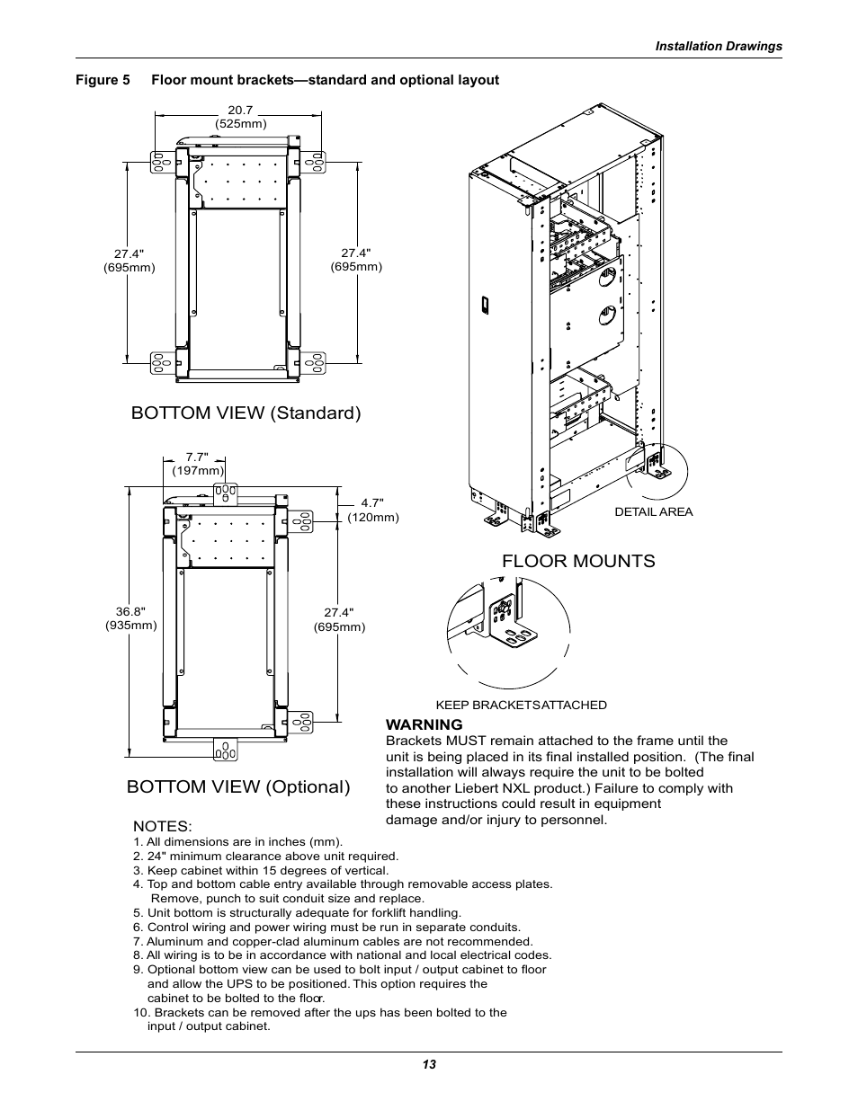 Figure 5, Floor mount brackets—standard and optional layout | Liebert Ship-Ahead Input/Output Cabinet NXL User Manual | Page 17 / 20