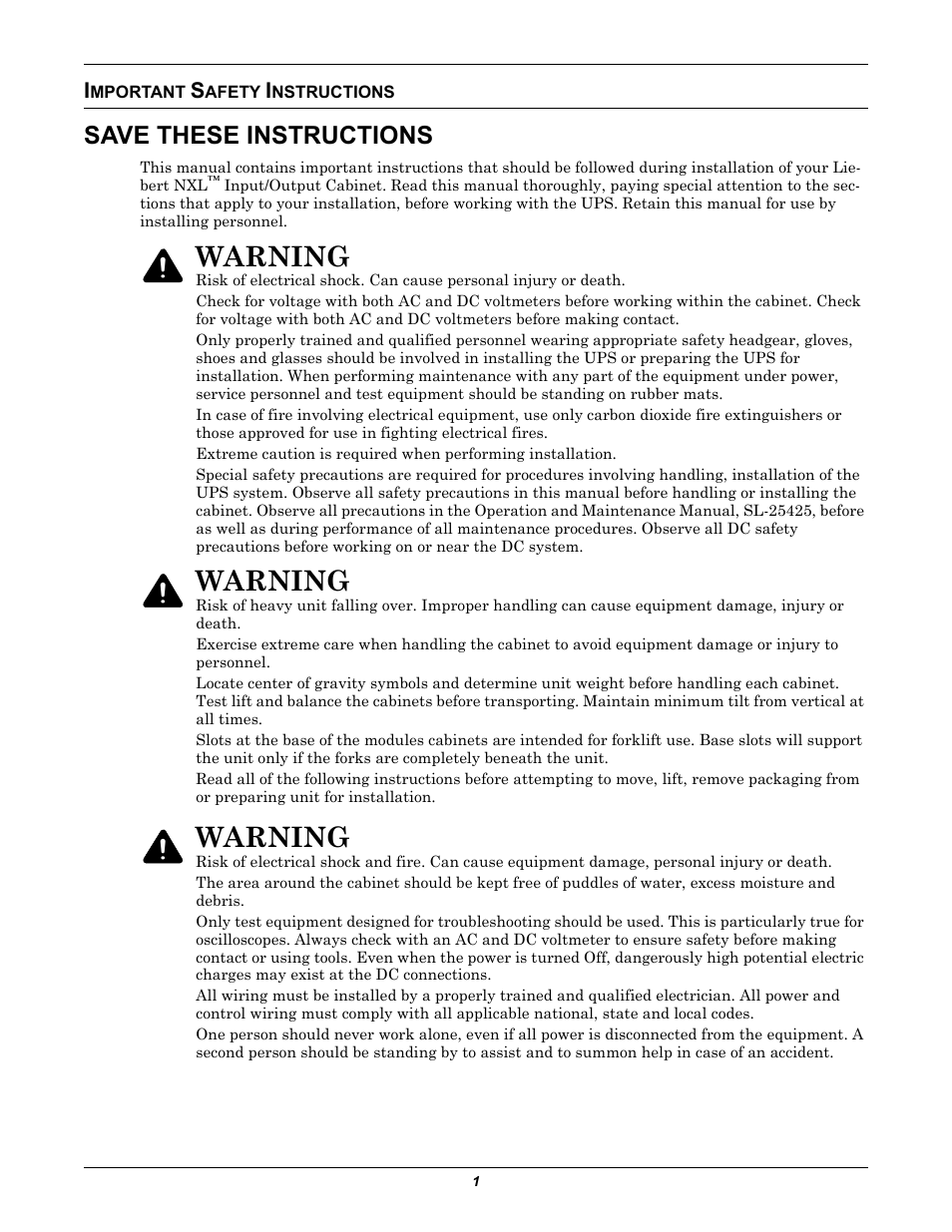 Important safety instructions, Save these instructions, Warning | Liebert Ship-Ahead Input/Output Cabinet NXL User Manual | Page 5 / 20