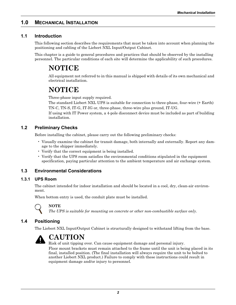 0 mechanical installation, 1 introduction, 2 preliminary checks | 3 environmental considerations, 1 ups room, 4 positioning, Echanical, Nstallation, Introduction, Preliminary checks | Liebert Ship-Ahead Input/Output Cabinet NXL User Manual | Page 6 / 20