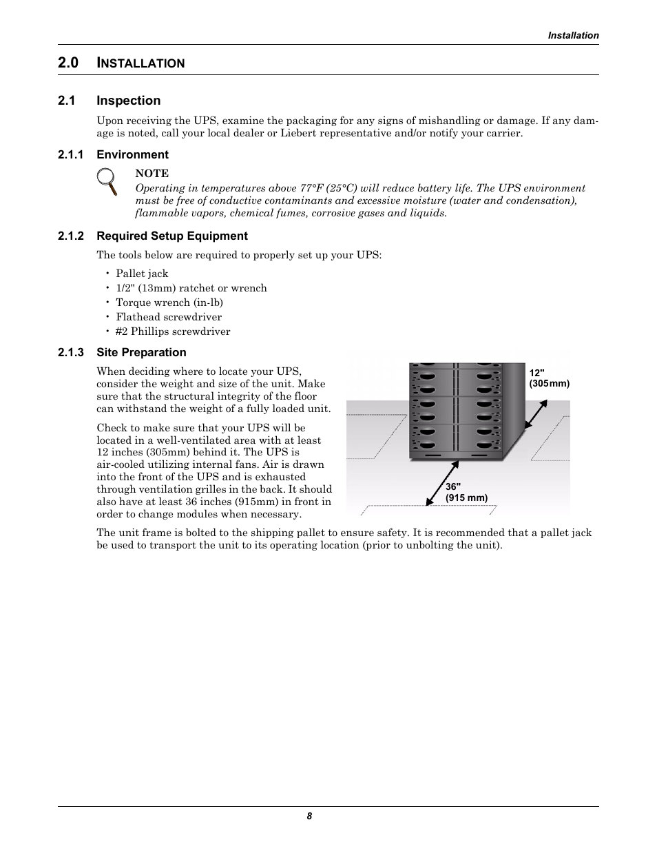 0 installation, 1 inspection, 1 environment | 2 required setup equipment, 3 site preparation, Nstallation, Inspection, Environment, Required setup equipment, Site preparation | Liebert NfinityTM User Manual | Page 12 / 44